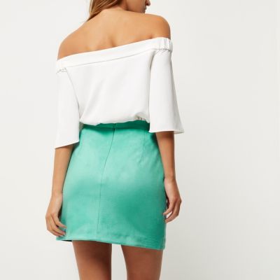 Bright green faux suede wrap mini skirt